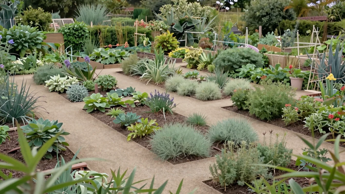 Wide view of a permaculture garden with mixed beds, perennial bor