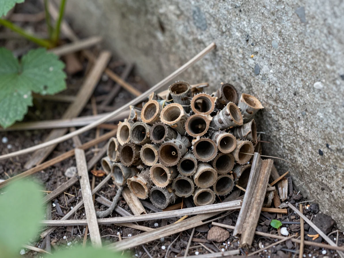 Authentic photograph of a small insect shelter made of hollow stems and dry wood in a garden corner, natural daylight, o