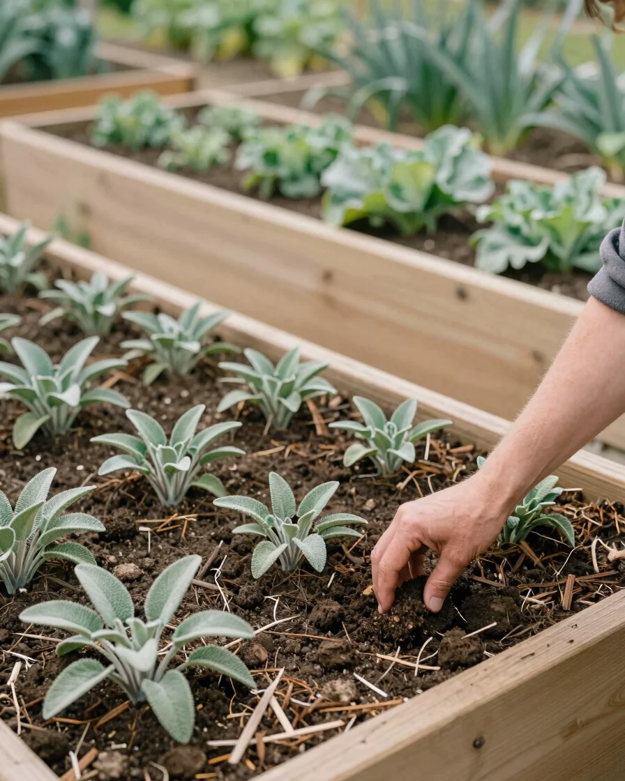 Authentic editorial photograph of a raised vegetable bed with hea