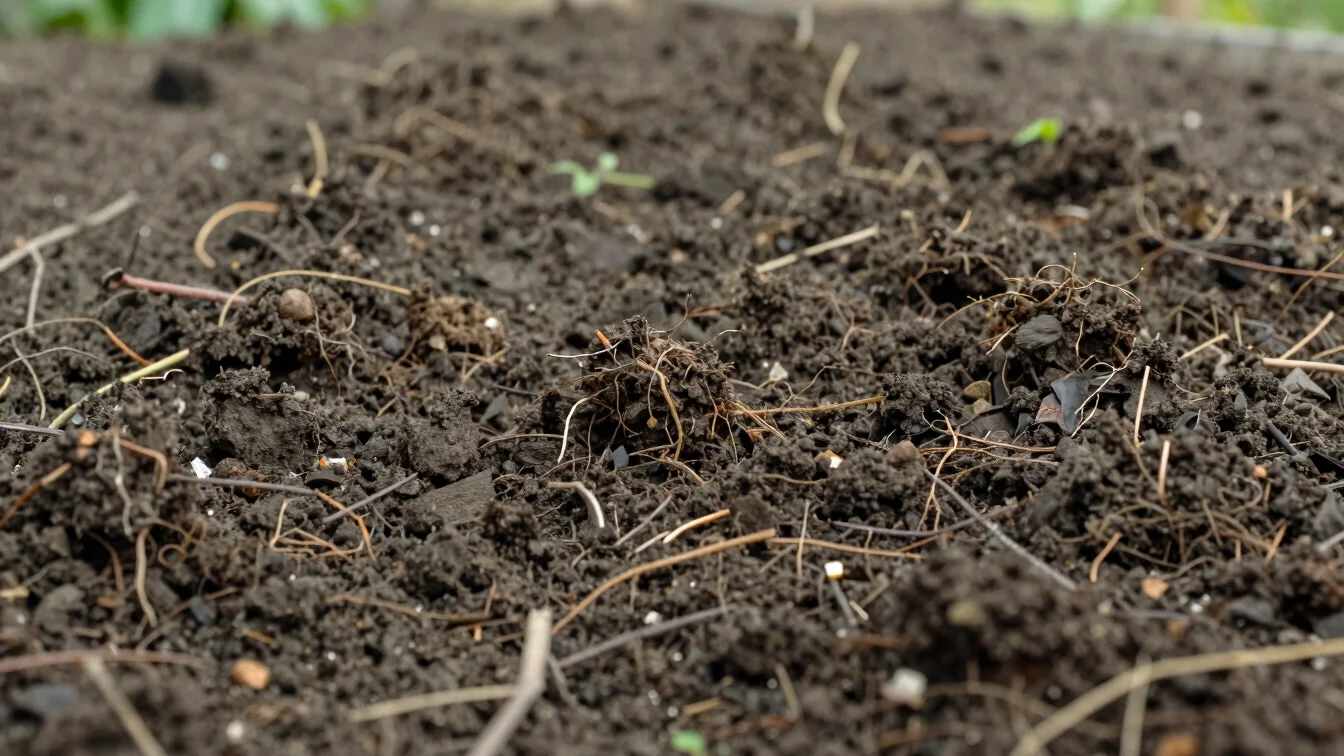Close, observational frame of dark compost and crumbly living soi