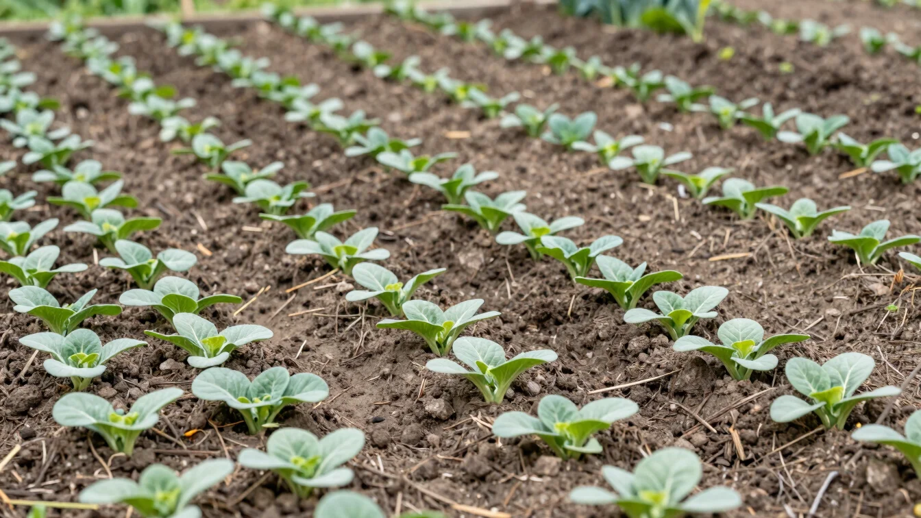 Vegetable plot in early season with rows of young seedlings in mu