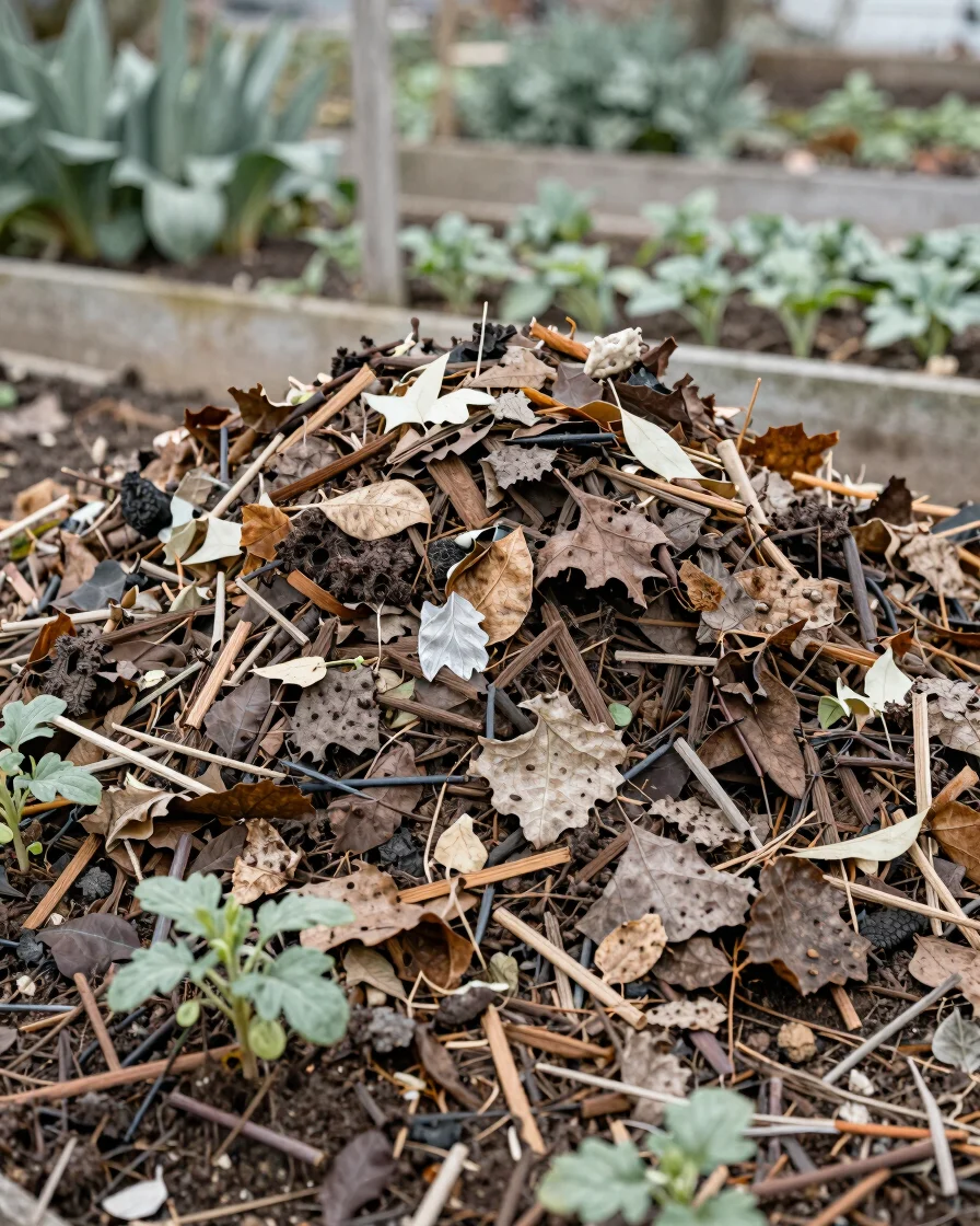 Portrait-oriented view of a compost pile and mulched bed with lea