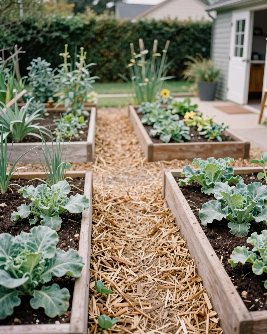 Authentic wide overview of a home vegetable plot in soft natural daylight, raised beds and a mulched pathway near a kitc