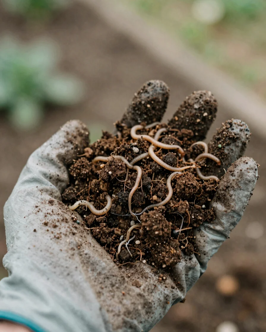 Close-up of dark, crumbly garden compost held in a gloved hand, s
