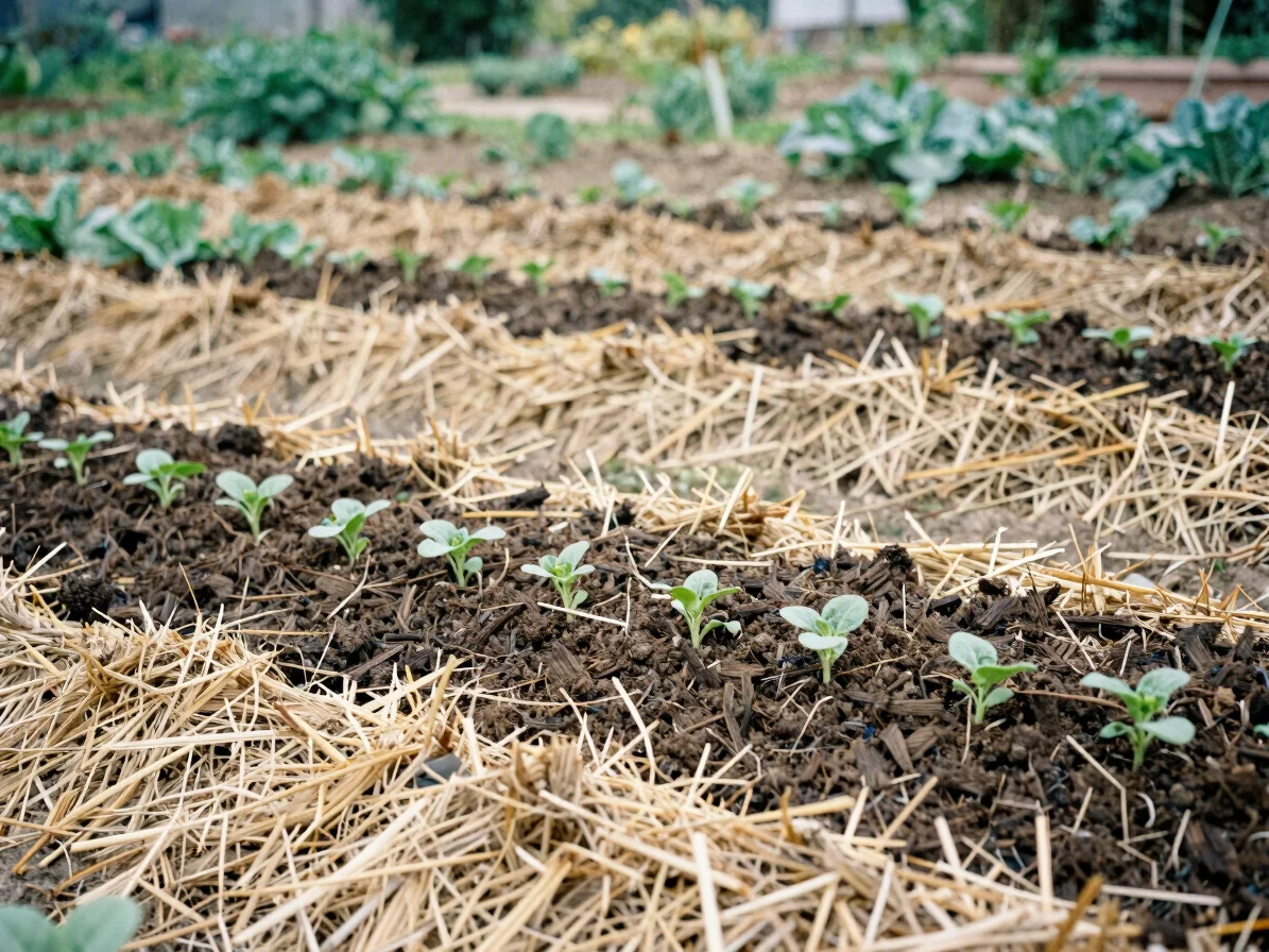 Layered garden compost pile beside a thick straw mulch bed, seedl