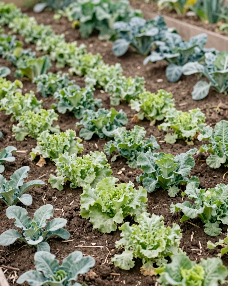 Authentic documentary photograph of a vegetable bed with mixed brassicas and lettuce planted between, soft natural dayli