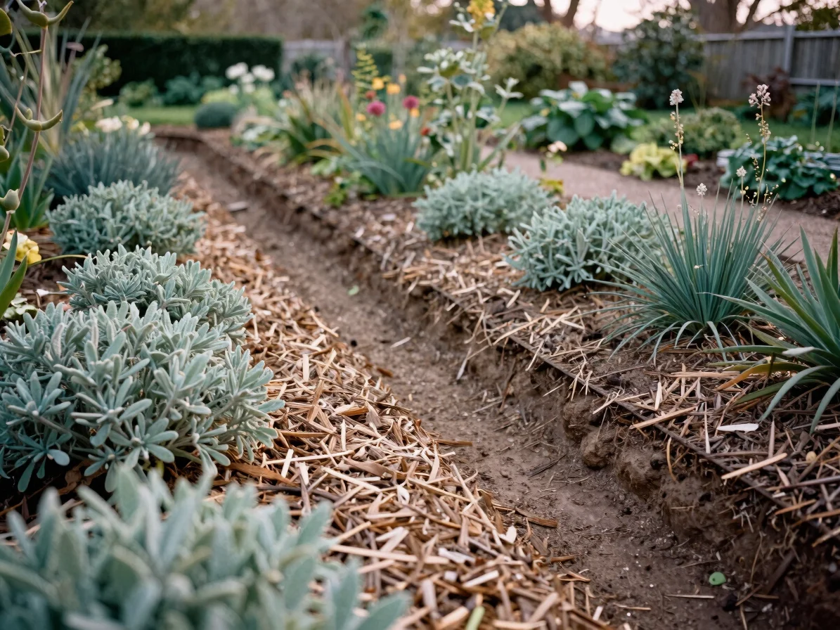 Authentic late-afternoon photograph of a contour swale in a garden, soft natural daylight, mulched beds beside a shallow