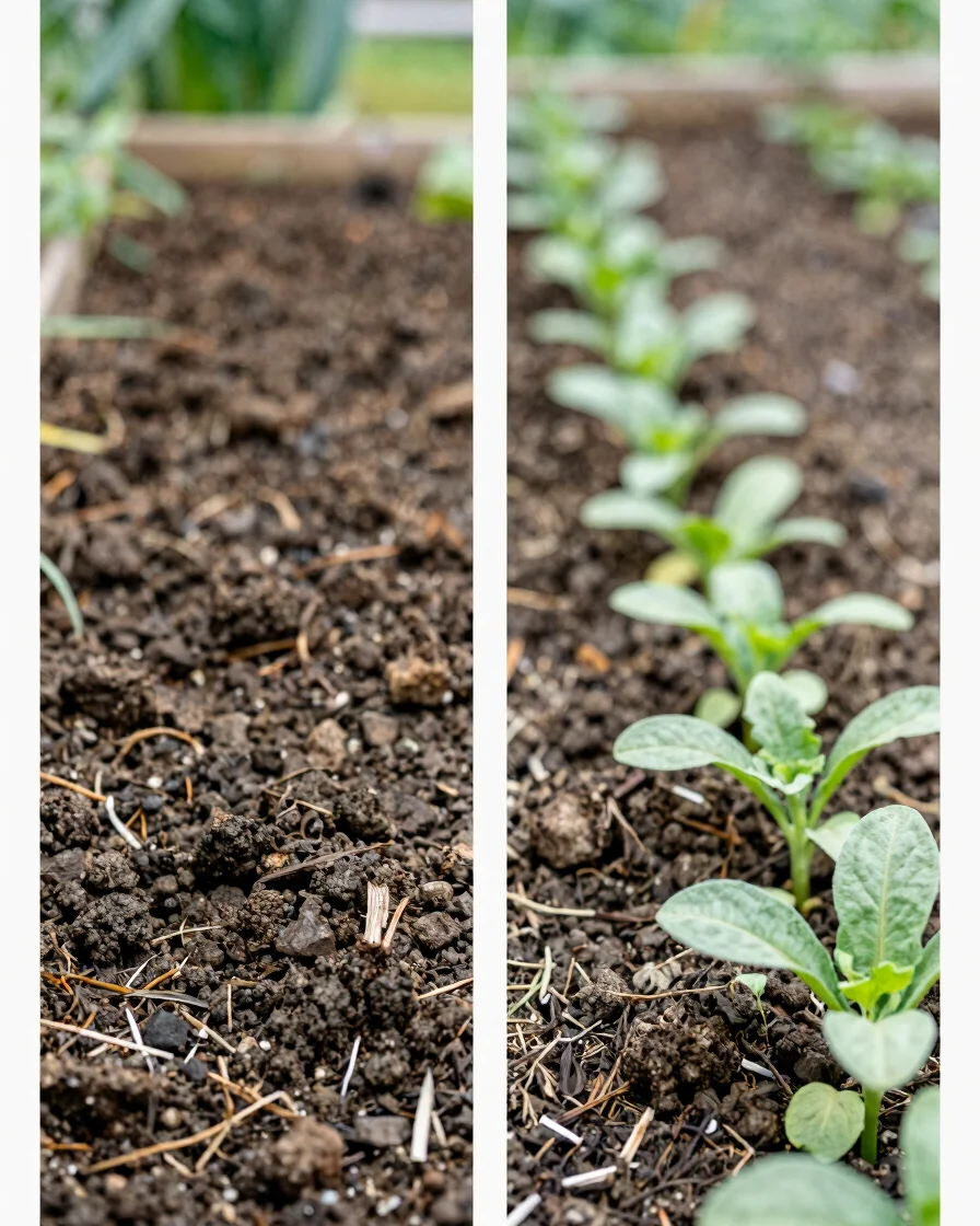 Side-by-side view of rich mulched soil with dark crumbly texture